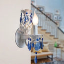 GobekUsa Modern Metal Wall Light with Exposed Bulb, White Lamp with Blue Crystal Draping