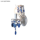 GobekUsa Modern Metal Wall Light with Exposed Bulb, White Lamp with Blue Crystal Draping