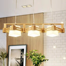 GobekUsa Modern Cubic Frosted Glass Island Pendant Lamp with Wood Cage and 3 Beige Bulbs