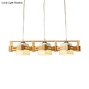 GobekUsa Modern Cubic Frosted Glass Island Pendant Lamp with Wood Cage and 3 Beige Bulbs
