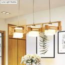 GobekUsa Modern Cubic Frosted Glass Island Pendant Lamp with Wood Cage and 3 Beige Bulbs