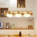 GobekUsa Modern Cubic Frosted Glass Island Pendant Lamp with Wood Cage and 3 Beige Bulbs