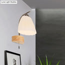 GobekUsa Modern Ribbed Glass Flared Sconce Light Fixture with Pull Chain and Wood Backplate - 1 Head Wall Lamp