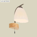 GobekUsa Modern Ribbed Glass Flared Sconce Light Fixture with Pull Chain and Wood Backplate - 1 Head Wall Lamp