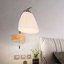 GobekUsa Modern Ribbed Glass Flared Sconce Light Fixture with Pull Chain and Wood Backplate - 1 Head Wall Lamp