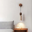 GobekUsa LED Wall Lamp Pull Chain Switch Wood Nordic Modern Yellow Travertine Mirror Light