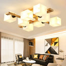 GobekUsa Nordic Style Flush Mount Chandelier with White Glass and Wood Canopy for Living Room Lighting