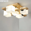 GobekUsa Nordic Style Flush Mount Chandelier with White Glass and Wood Canopy for Living Room Lighting
