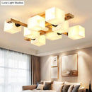 GobekUsa Nordic Style Flush Mount Chandelier with White Glass and Wood Canopy for Living Room Lighting