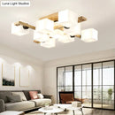 GobekUsa Nordic Style Flush Mount Chandelier with White Glass and Wood Canopy for Living Room Lighting