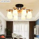 GobekUsa Nordic Black and Wood Semi Flush Mount Chandelier with Milk Glass Shade - 3/6/8 Light Ceiling Fixture for Living Room