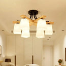 GobekUsa Nordic Black and Wood Semi Flush Mount Chandelier with Milk Glass Shade - 3/6/8 Light Ceiling Fixture for Living Room