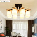 GobekUsa Nordic Black and Wood Semi Flush Mount Chandelier with Milk Glass Shade - 3/6/8 Light Ceiling Fixture for Living Room