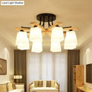 GobekUsa Nordic Black and Wood Semi Flush Mount Chandelier with Milk Glass Shade - 3/6/8 Light Ceiling Fixture for Living Room