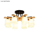GobekUsa Nordic Black and Wood Semi Flush Mount Chandelier with Milk Glass Shade - 3/6/8 Light Ceiling Fixture for Living Room