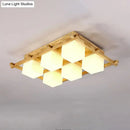 GobekUsa Modern Wood Grid Semi Flush Mount Ceiling Light with 4/6/9 Milk Glass Heads in Beige