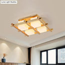 GobekUsa Modern Wood Grid Semi Flush Mount Ceiling Light with 4/6/9 Milk Glass Heads in Beige