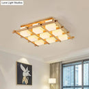 GobekUsa Modern Wood Grid Semi Flush Mount Ceiling Light with 4/6/9 Milk Glass Heads in Beige