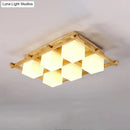 GobekUsa Modern Wood Grid Semi Flush Mount Ceiling Light with 4/6/9 Milk Glass Heads in Beige