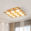 GobekUsa Modern Wood Grid Semi Flush Mount Ceiling Light with 4/6/9 Milk Glass Heads in Beige