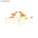 GobekUsa Modern Wood Living Room Semi Flush Mount Chandelier with White Glass Shade - Square Design