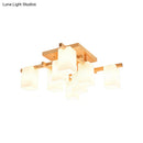 GobekUsa Modern Wood Living Room Semi Flush Mount Chandelier with White Glass Shade - Square Design