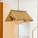 GobekUsa Modern Wood Pendant Light in Roof Shape, Beige Hanging Fixture, 16"/19.5" Width