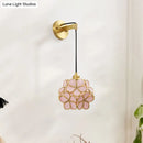 GobekUsa Modernist 1-Bulb Bedside Sconce Light: Brass Floral Ball Wall Lamp with Glass Shades (Pink/Clear/Light Pink)