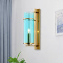 GobekUsa Modernist Brass Wall Lamp with Tubular Cognac/Water Blue Glass Shade - Bedroom Sconce Light Fixture