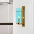 GobekUsa Modernist Brass Wall Lamp with Tubular Cognac/Water Blue Glass Shade - Bedroom Sconce Light Fixture