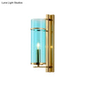 GobekUsa Modernist Brass Wall Lamp with Tubular Cognac/Water Blue Glass Shade - Bedroom Sconce Light Fixture