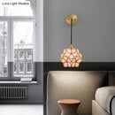 GobekUsa Modernist 1-Bulb Bedside Sconce Light: Brass Floral Ball Wall Lamp with Glass Shades (Pink/Clear/Light Pink)