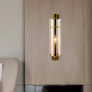 GobekUsa Modernist Brass Wall Lamp with Tubular Cognac/Water Blue Glass Shade - Bedroom Sconce Light Fixture