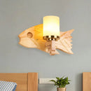 GobekUsa Modernist Cracked Glass Cylinder Wall Mount Sconce Lamp - 1 Light Bedroom Lighting with Fish Wood Backplate