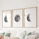Moon Phases Set of 3 Prints. Black and White Lunar Cycle by Wall Art Set