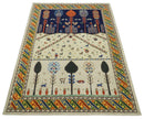 Flatwoven Soumak Weave 5x7 Beige and Blue Tribal Hand Spun Wool Hand Woven Southwestern Gabbeh Rug | KNT44