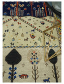 Beige and Blue Tribal Hand Woven Wool Rug 5x7 - Soumak Weave