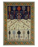 Flatwoven Soumak Weave 5x7 Beige and Blue Tribal Hand Spun Wool Hand Woven Southwestern Gabbeh Rug | KNT44