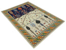 Flatwoven Soumak Weave 5x7 Beige and Blue Tribal Hand Spun Wool Hand Woven Southwestern Gabbeh Rug | KNT44