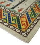Beige and Blue Tribal Hand Woven Wool Rug 5x7 - Soumak Weave