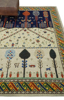 Beige and Blue Tribal Hand Woven Wool Rug 5x7 - Soumak Weave