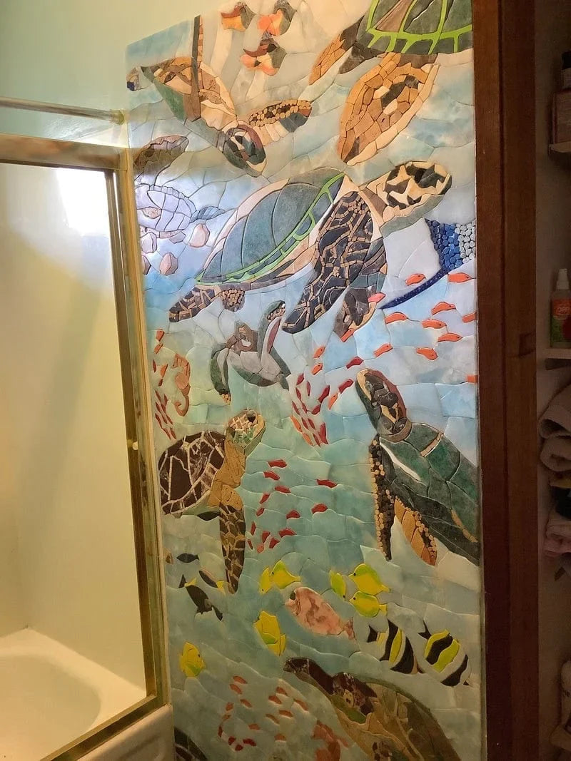 Underwater Harmony: Sea Turtles and Fish Mosaic Stone Art