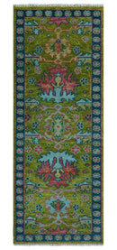 Hand Knotted Wool Donegal Area Rug Moss Green Blue Peach Multi Size