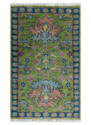 Hand Knotted Wool Donegal Area Rug Moss Green Blue Peach Multi Size