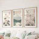 Japandi Style Set of 3 Wall Art. Floral and Mountain Prints by Wall Art Set