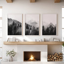 Black White Forest Triptych. Misty Mountains Nature Posters by Wall Art Set
