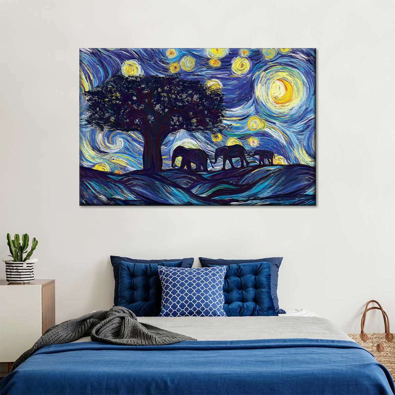 Elephant Family Starry Night Wall Art