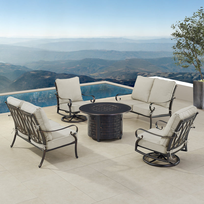 Black Aluminum Fire Table Set with Two Loveseats and Two Club Chairs