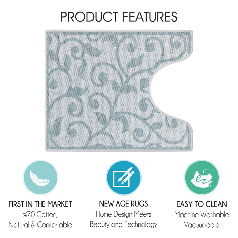 Floral Design U Shape Bathroom Rug | 20”x24" | Teal