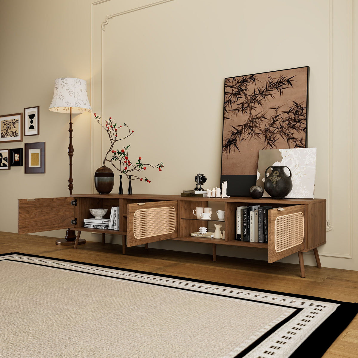 78" TV Stand With Ample Storage And Open Shelving - Walnut, photo 3 of 4